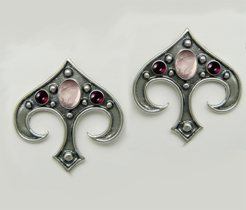 Sterling Silver Gothic Inspired Drop Dangle Earrings With Rose Quartz And Garnet